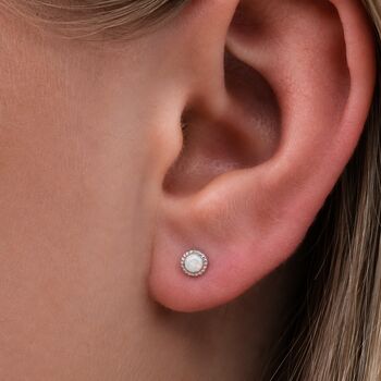 Tiny Star Cut Sterling Silver Round White Opal Stud Earrings, 2 of 7