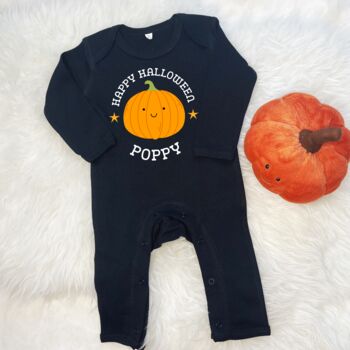 Personalised First Halloween Pumpkin Babygrow, 2 of 3