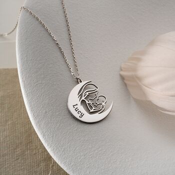 Personalised 'Mother's Love' Moon And Baby Necklace, 7 of 9