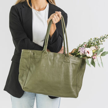 Olive Soft Leather Lined Tote Handbag, 5 of 10
