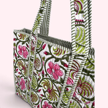 Green And Pink Floral Quilted Cotton Tote Bag, 4 of 5