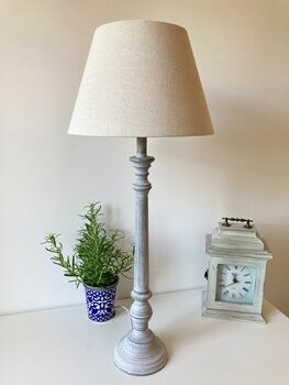 73cm Grey Wooden Table Bedside Lamp With Taupe Shade Home Decor, 2 of 8