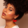 Mabel Coral Red – Art Deco Silky Tassels And Deco Brass Statement Dangle Earrings, thumbnail 2 of 5