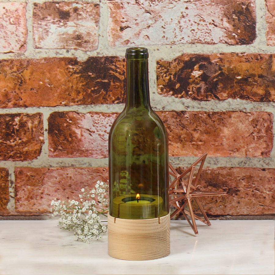 pine wood and recycled glass bottle tea light holder by posh totty