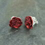 Rose Red Silver Tone Clip On Earrings, thumbnail 2 of 4