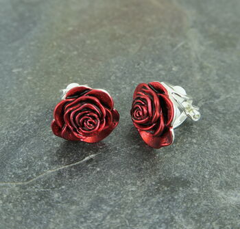 Rose Red Silver Tone Clip On Earrings, 2 of 4