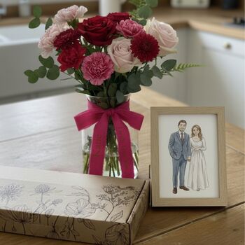 Couple Letterbox Flower Gift, With Ribbon, Watercolour Print Tag And Heart Sprinkles, 3 of 5