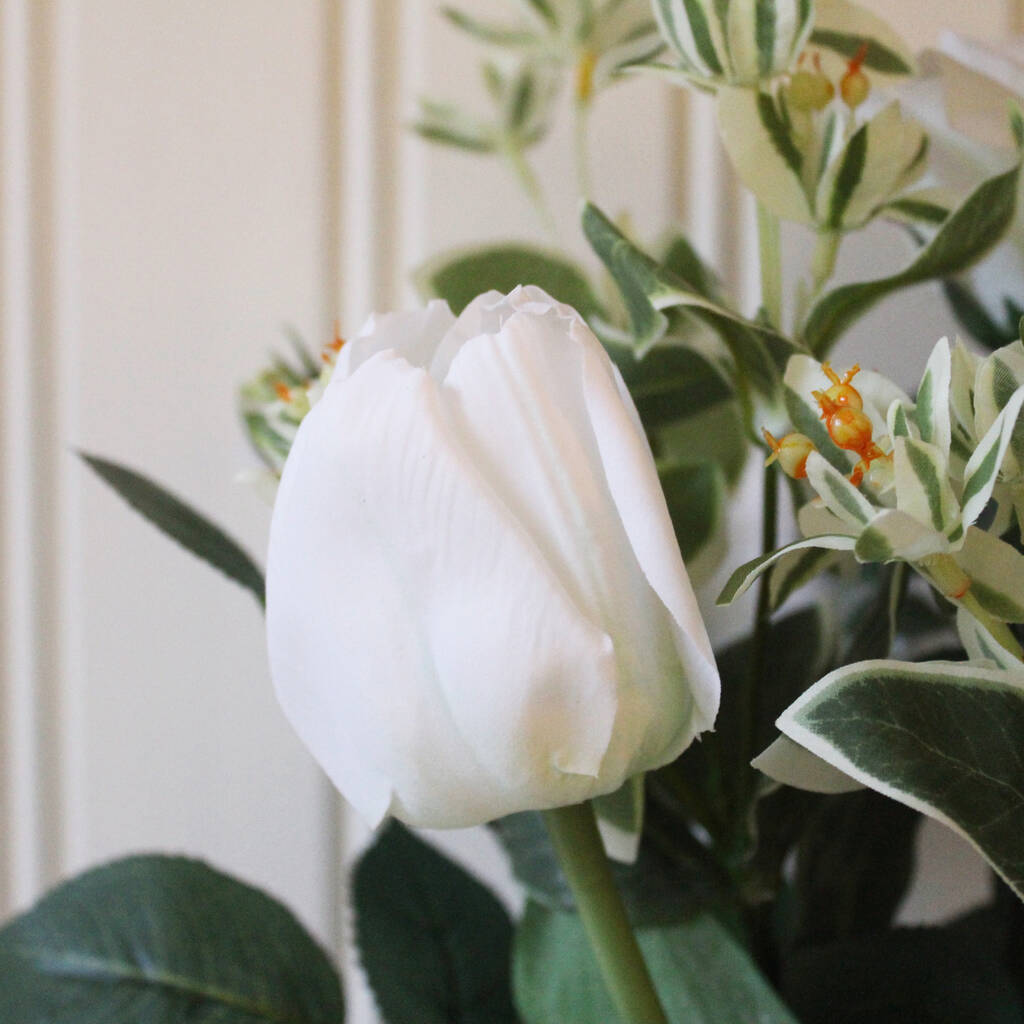 Artificial White Rose Arrangement In Ribbed Vase By Lime Tree London