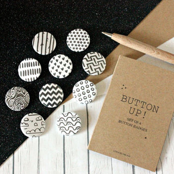Monochrome Black And White Badge Set, Any Four Patterns, 3 of 5