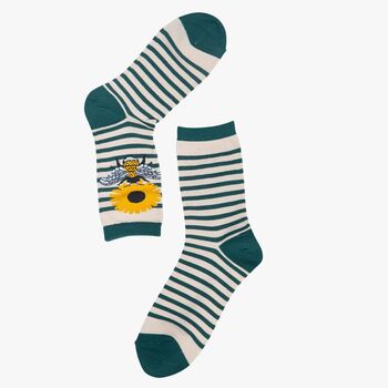 Women's Bamboo Socks Green Cream Stripe Bee Sunflower, 2 of 2