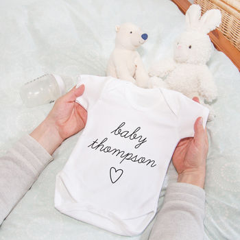 New Baby Personalised Surname Babygrow Vest, 2 of 7