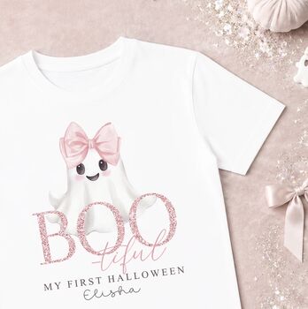 Personalised Boo Tiful Ghost Halloween Outfit, Custom Name Baby Grow, T Shirt Or Trick Or Treat Tote Bag, 2 of 3