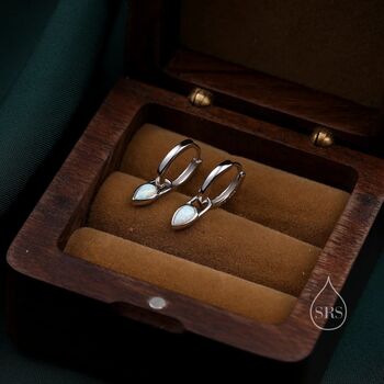 White Opal Dagger Huggie Hoop Earrings Sterling Silver, 5 of 12