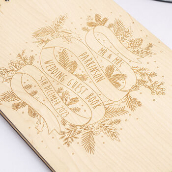 Winter Ribbon Wooden Engraved Wedding Guest Book, 3 of 4