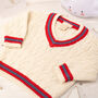 Red And Blue Stripe Cream Baby Cricket Jumper, thumbnail 1 of 10