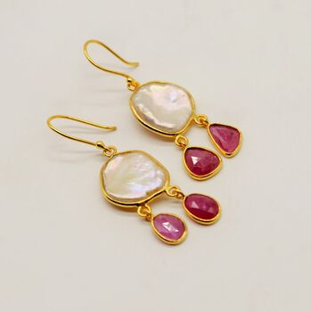 Pearl Ruby Earrings, June, July Birthstone Dangle Drop Gold Earrings, 7 of 8