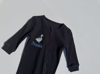 Goose Personalised Baby Zip Sleepsuit – Embroidered Baby Grow With Name – Bunny , Teddy Bear Or Goose, 2 of 12