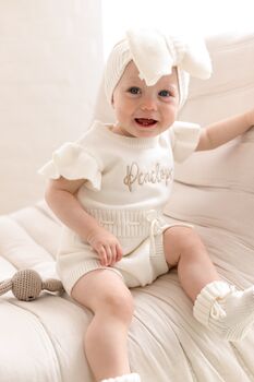 Soft Knit Personalised Embroidered Frill Sleeve Romper, 2 of 12