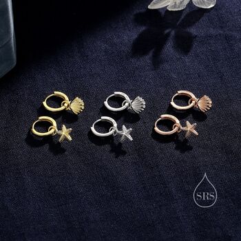 Mismatched Shell And Starfish Huggie Hoops In Sterling Silver, 2 of 12