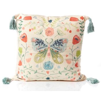 Floral Butterfly Cushion With Embroidery And Tassels, 2 of 3