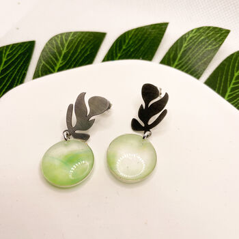 Transparent Light Green Silver Leaf Statement Earrings, 5 of 12