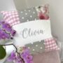 Pink And Grey Patchwork Name Cushion, thumbnail 1 of 4