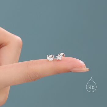 Tiny Mismatched Moon And Star Internally Threaded Flat Back Earrings In Sterling Silver, 4 of 11