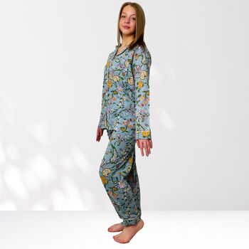 Pale Blue Floral 100% Cotton Ladies Pyjamas, 4 of 8
