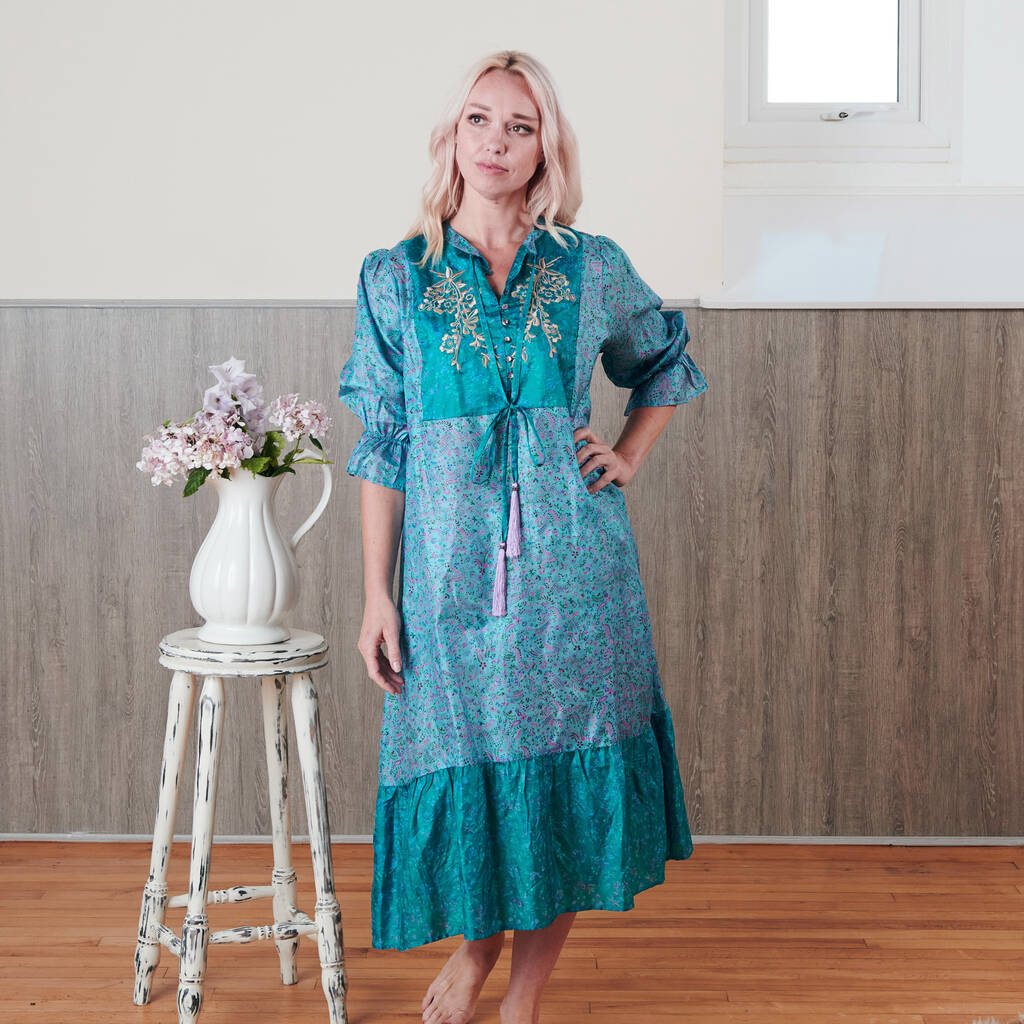 Yasmin Silk Print Embroidered Dress 15, 1 of 3