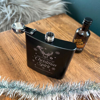 Personalised Christmas Stag Engraved Black Metal Hip Flask 6oz, 5 of 6
