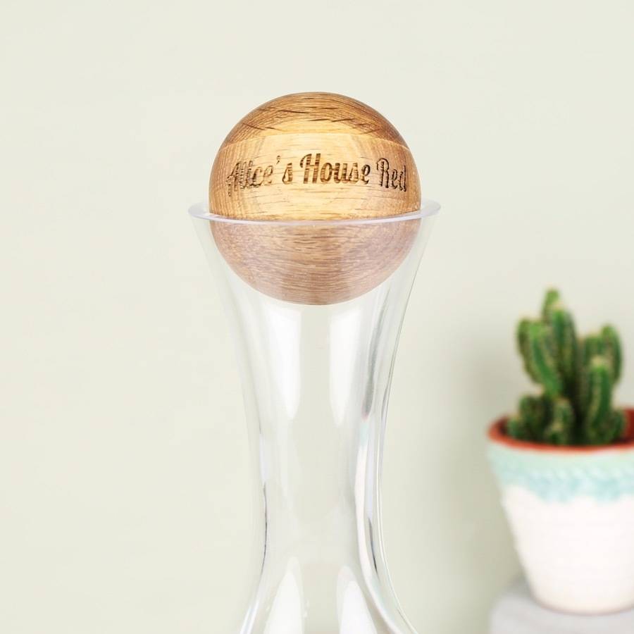 wine carafe with personalised oak stopper by lisa angel