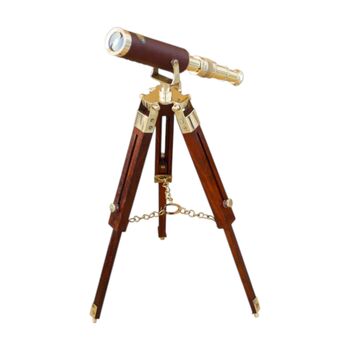 Custom Brass And Brown Leather Telescope With Wooden Tripod, 6 of 6