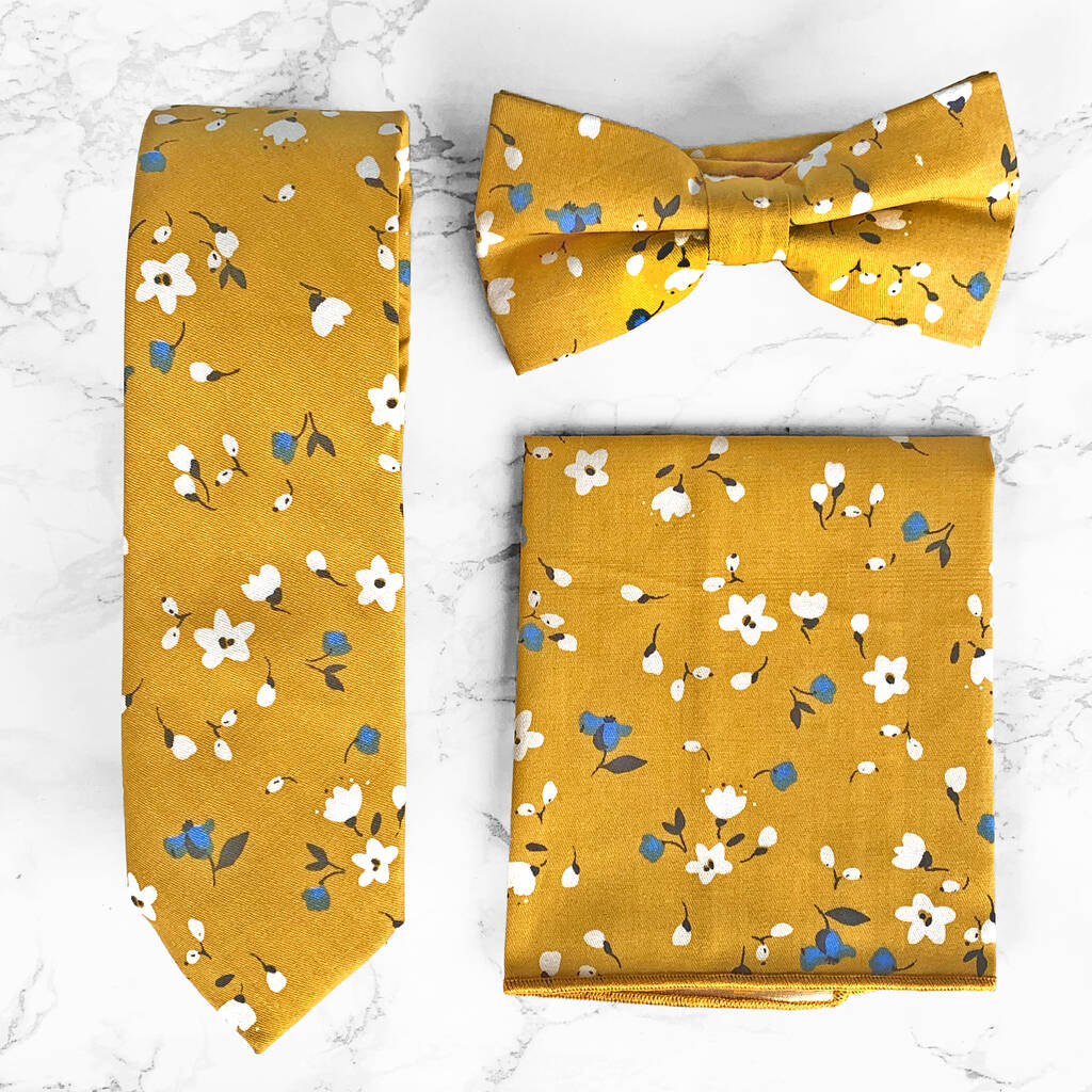 Wedding Handmade 100% Cotton Floral Print Tie In Yellow, 1 of 10