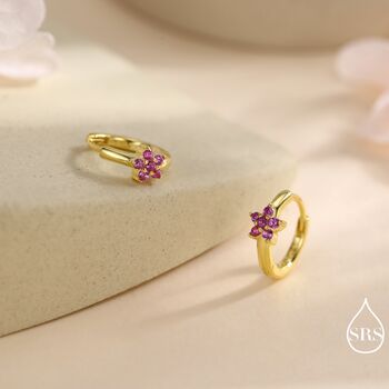 Sterling Silver Ruby Pink Cz Flower Huggie Hoops, 5 of 12