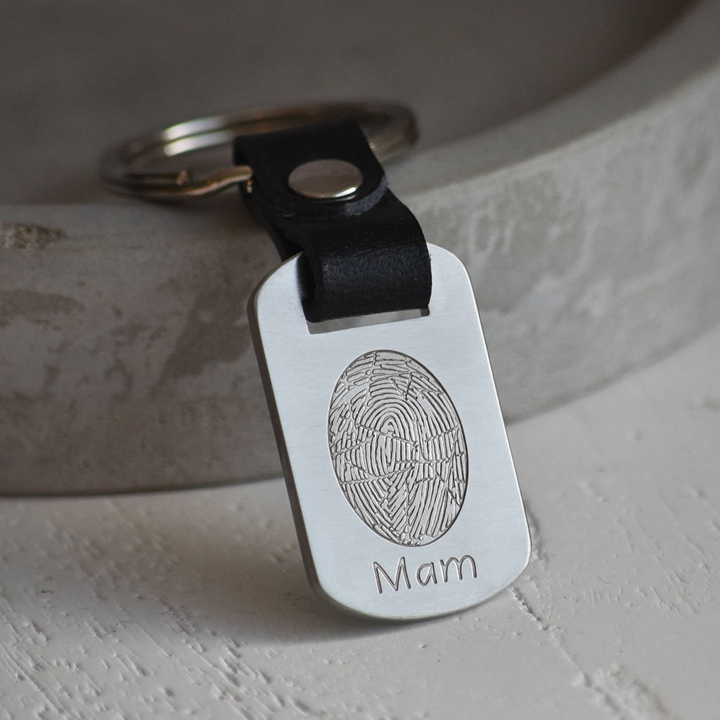 Image of Fingerprint Steel And Leather Keyring