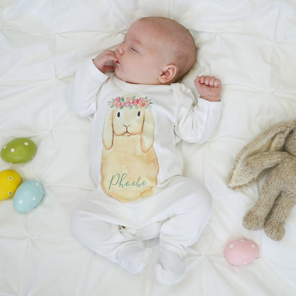 Personalised Flower Crown Bunny Baby Sleepsuit, 1 of 6