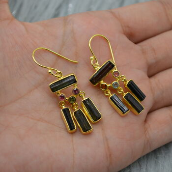 Raw Green Black Tourmaline Earrings: Silver Or Gold, 2 of 7