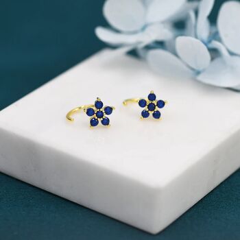 Tiny Sapphire Blue Forget Me Not Flower Cz Hoop Earrings, 4 of 11