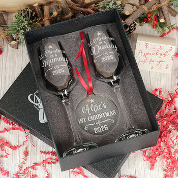 Baby's 1st Christmas Pair Of Champagne Flutes And Christmas Decoration, 2 of 5