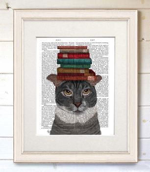 Grey Cat With Books, Book Print, Framed Or Unframed, 3 of 6
