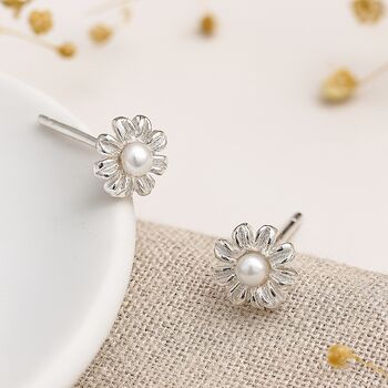 Sterling Silver Pearl Daisy Flower Tiny Stud Earrings, 3 of 11