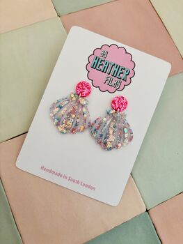 Statement Shell Glitter Resin Earrings / Mermaidcore Jewellery / Beach Holiday Statement / Summer Vacation Jewellery, 5 of 12