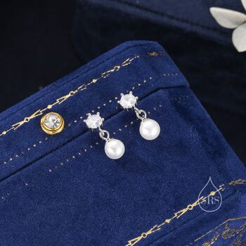 Sterling Silver Cz Crystal With Dangling Pearl Earrings, 4 of 11
