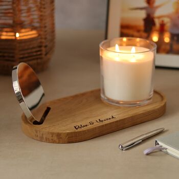 Personalised Solid Oak Candle Display Tray With Optional Lid Holder Slot, 3 of 11