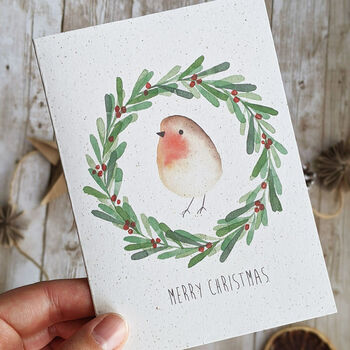 Watercolour Robin Wreath Merry Christmas Card, 3 of 3