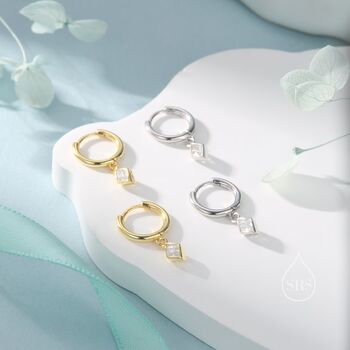 Very Tiny Rhombus Clear Cz Huggie Hoop In Sterling Silver, 4 of 12