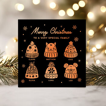 Personalised Family Or Friends Christmas Card With Foiled Christmas Wooly Hats, 3 of 10