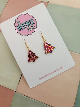 Pink And Gold Christmas Tree Glitter Resin Earrings / Pink Christmas Jewellery / Christmas Gift / Bold Sparkly Pink Holiday Accessory, 10 of 12