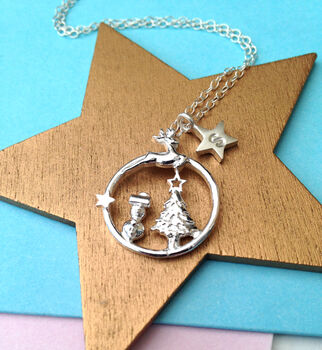 Personalised Sterling Silver Magical Wonderland Christmas Necklace With Initial Star, 11 of 12