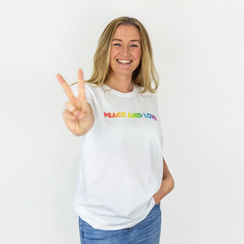 Rainbow 'Peace And Love' Organic T Shirt, 6 of 6